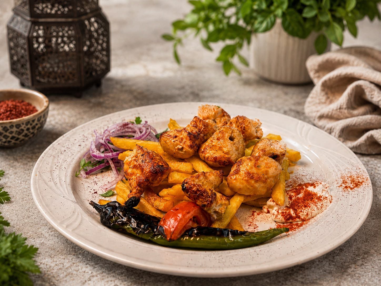 Tavuk şiş, patates kızartması ile
